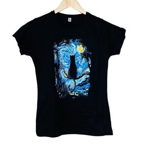 PAMPLING Van Gogh Starry Night Cat Print Womens Short Sleeve Tee Size Small NWOT
